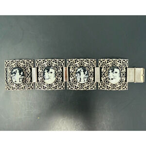 Vintage Filigree Panel Bracelet Asian Scene Black White Cameo Link 7”